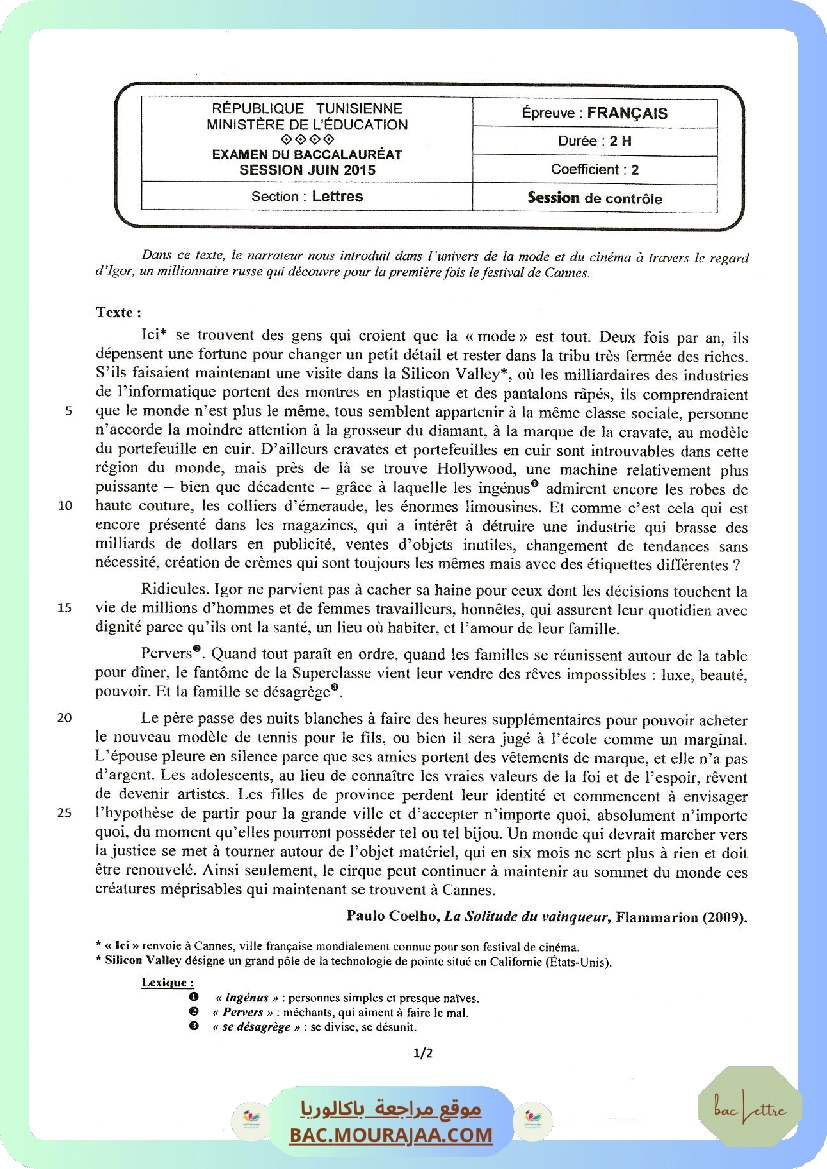 Sujet controle francais Bac 2015 – Section lettre
